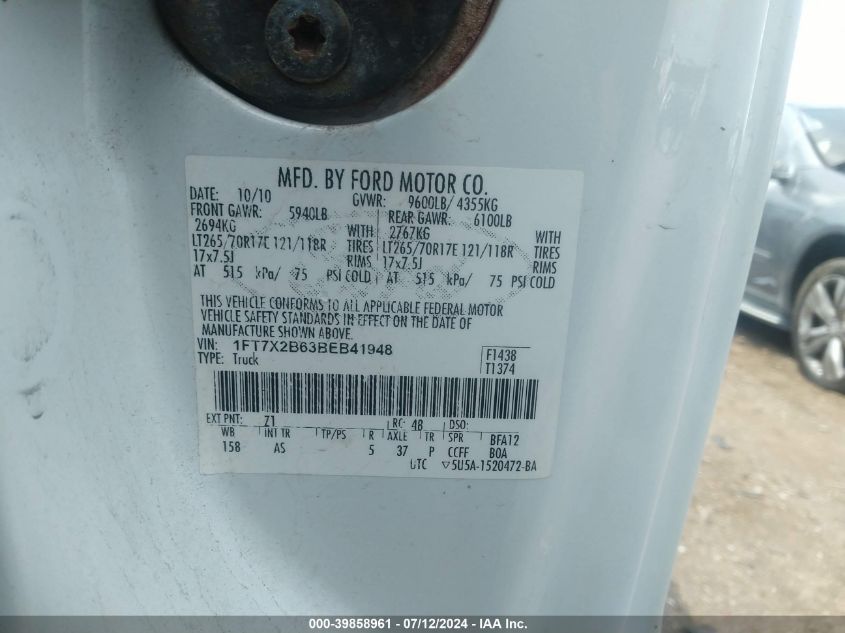 2011 Ford F250 Super Duty VIN: 1FT7X2B63BEB41948 Lot: 39858961