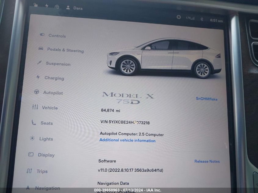 2017 Tesla Model X VIN: 5YJXCBE24HF073218 Lot: 39858963