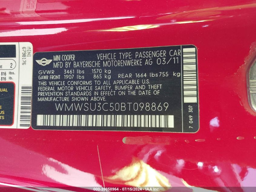 2011 Mini Cooper VIN: WMWSU3C50BT098869 Lot: 39858964