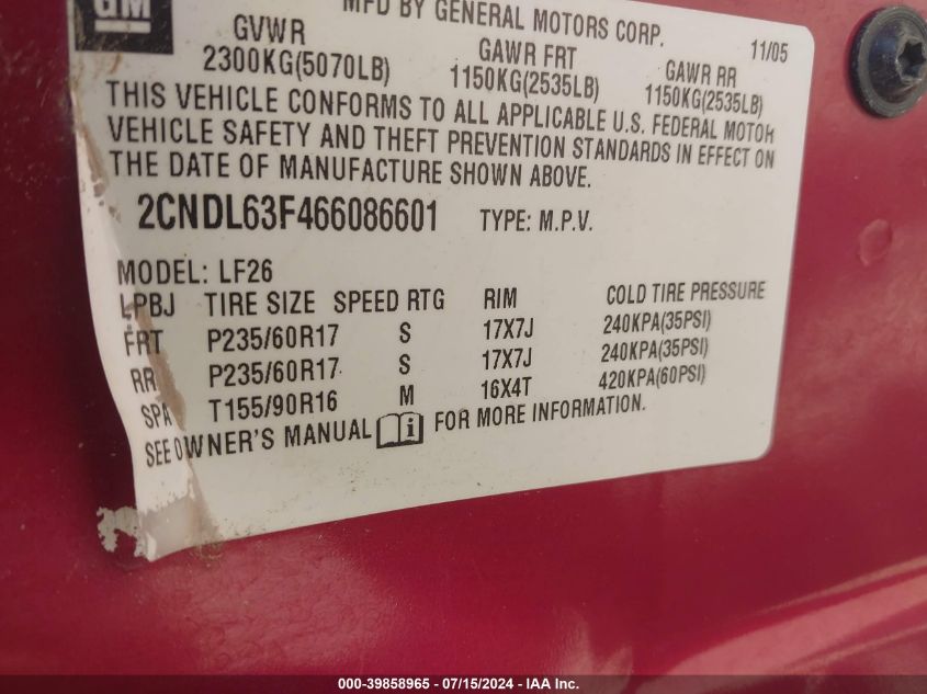 2CNDL63F466086601 2006 Chevrolet Equinox Lt