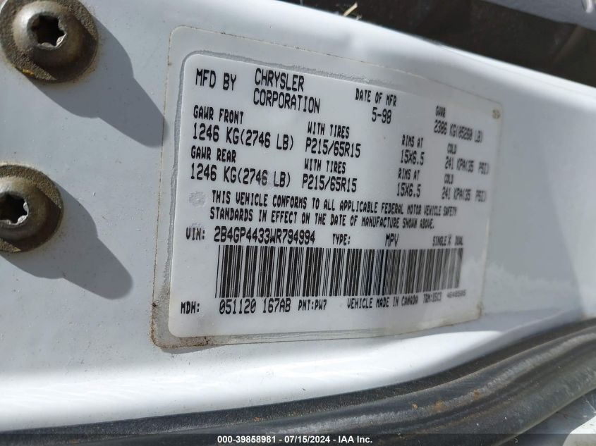 1998 Dodge Grand Caravan Se VIN: 2B4GP4433WR794994 Lot: 39858981