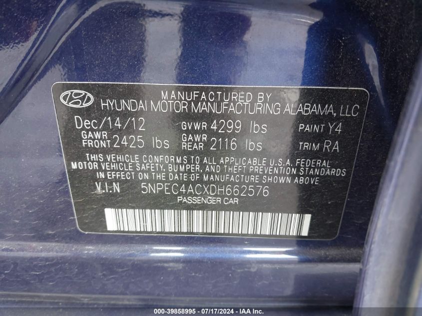 2013 Hyundai Sonata Limited VIN: 5NPEC4ACXDH662576 Lot: 39858995