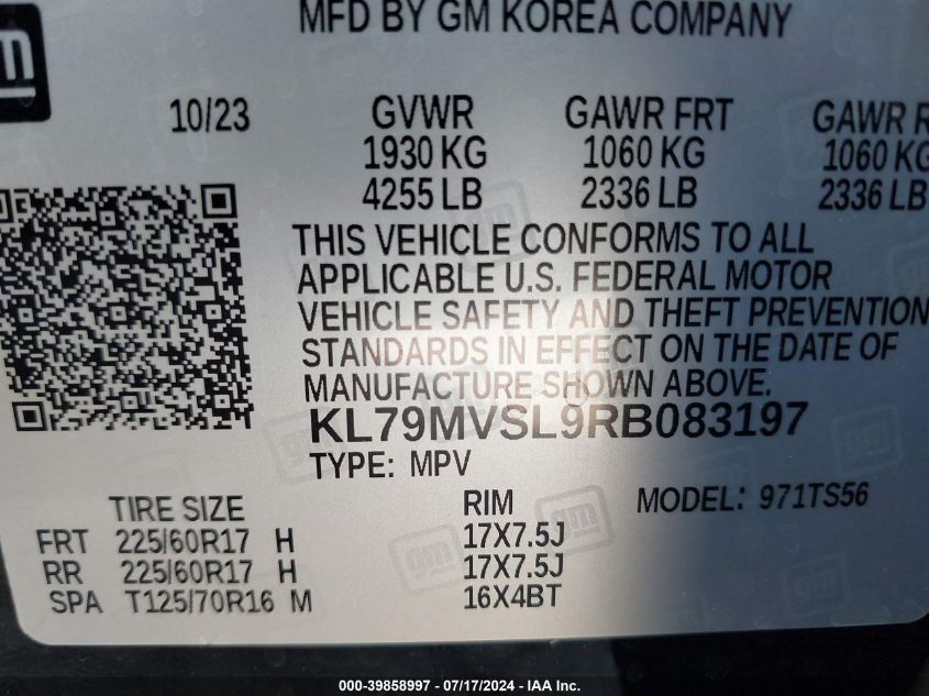 2024 Chevrolet Trailblazer Fwd Activ VIN: KL79MVSL9RB083197 Lot: 39858997