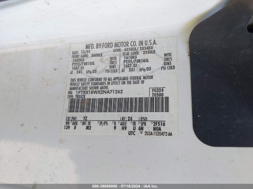 2002 Ford F-150 Lariat/Xl/Xlt VIN: 1FTRX18WX2NA71262 Lot: 39859000