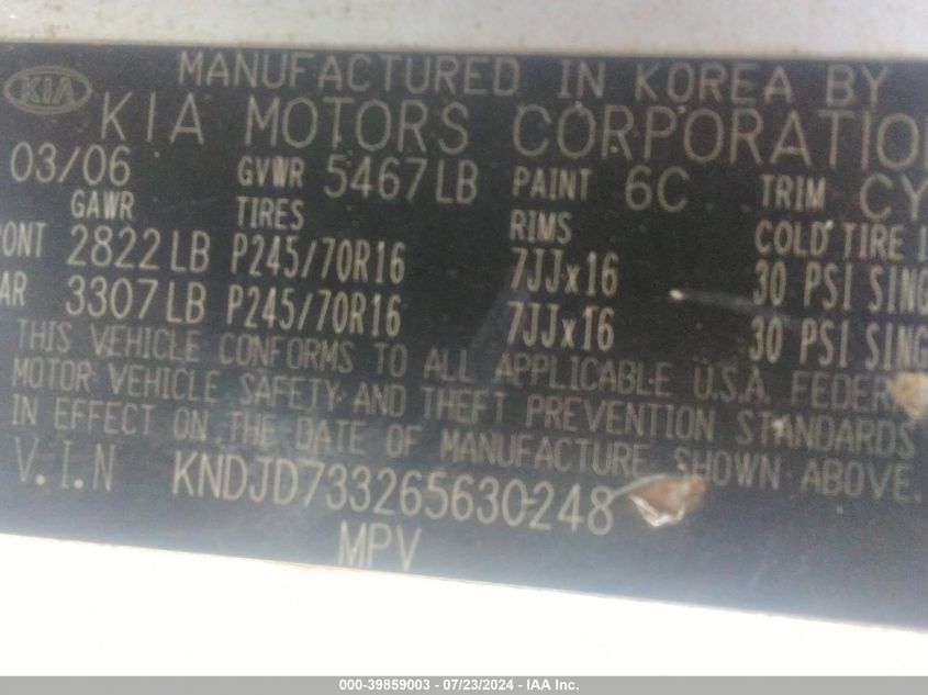 2006 Kia Sorento Ex/Lx VIN: KNDJD733265630248 Lot: 39859003