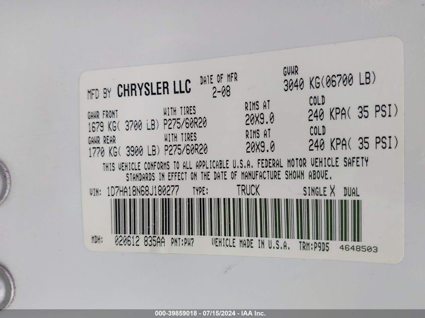 2008 Dodge Ram 1500 Slt VIN: 1D7HA18N68J180277 Lot: 39859018