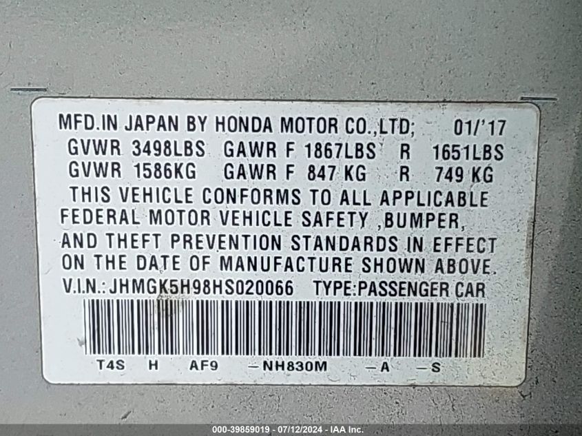 2017 Honda Fit Ex-L VIN: JHMGK5H98HS020066 Lot: 39859019