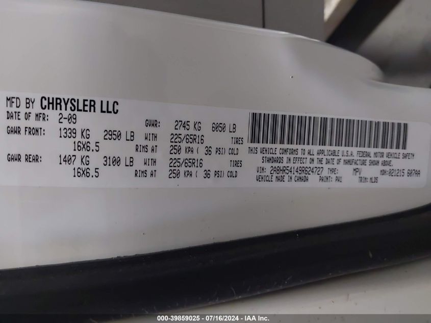 2009 Chrysler Town & Country Touring VIN: 2A8HR54149R624727 Lot: 39859025