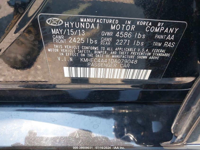 2013 Hyundai Sonata Hybrid VIN: KMHEC4A41DA079048 Lot: 39859031