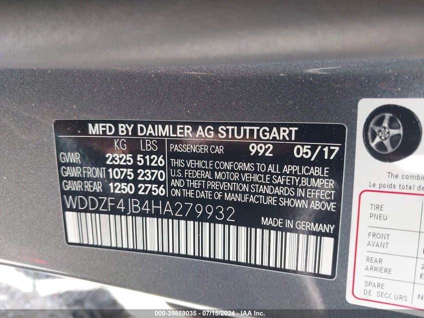 2017 Mercedes-Benz E 300 VIN: WDDZF4JB4HA279932 Lot: 39859035