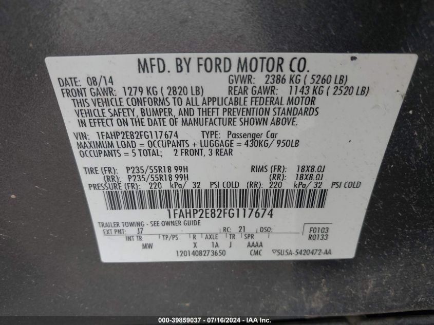 2015 Ford Taurus Sel VIN: 1FAHP2E82FG117674 Lot: 39859037