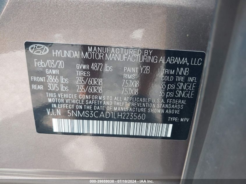 2020 Hyundai Santa Fe Sel VIN: 5NMS3CAD1LH223560 Lot: 39859038