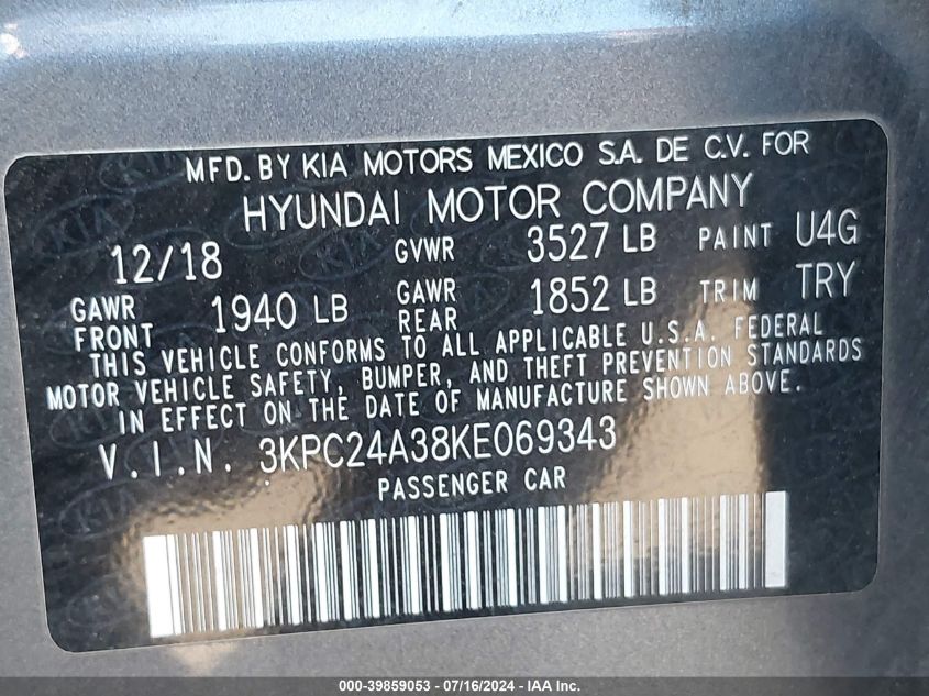 2019 Hyundai Accent Se/Sel VIN: 3KPC24A38KE069343 Lot: 39859053