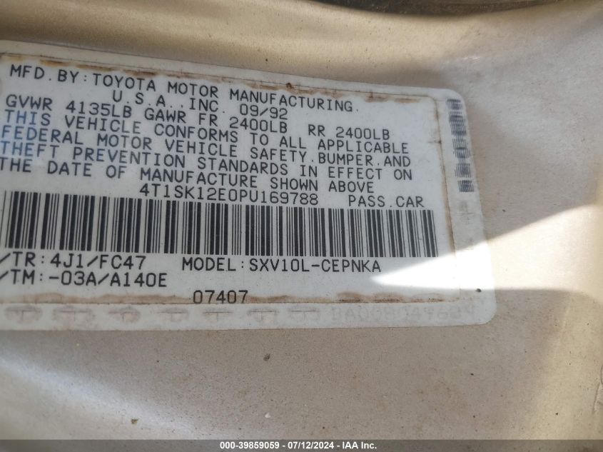 1993 Toyota Camry Le VIN: 4T1SK12E0PU169788 Lot: 39859059