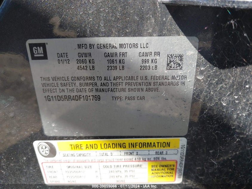2013 Chevrolet Malibu Eco VIN: 1G11D5RR4DF101769 Lot: 39859066