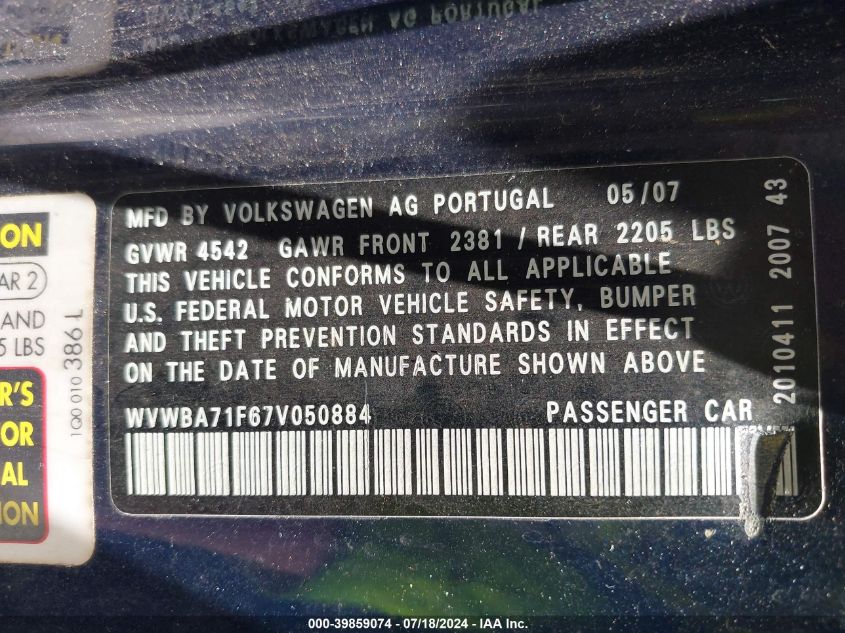 2007 Volkswagen Eos 2.0T VIN: WVWBA71F67B050884 Lot: 39859074