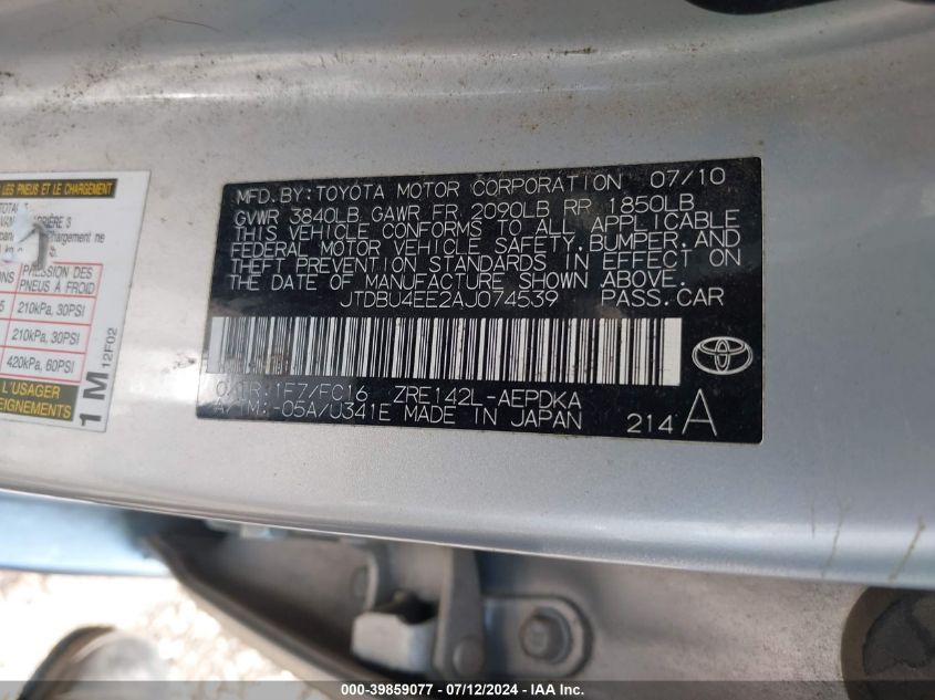 2010 Toyota Corolla Le VIN: JTDBU4EE2AJ074539 Lot: 39859077