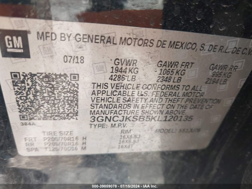 2019 Chevrolet Trax Ls VIN: 3GNCJKSB5KL120135 Lot: 39859078