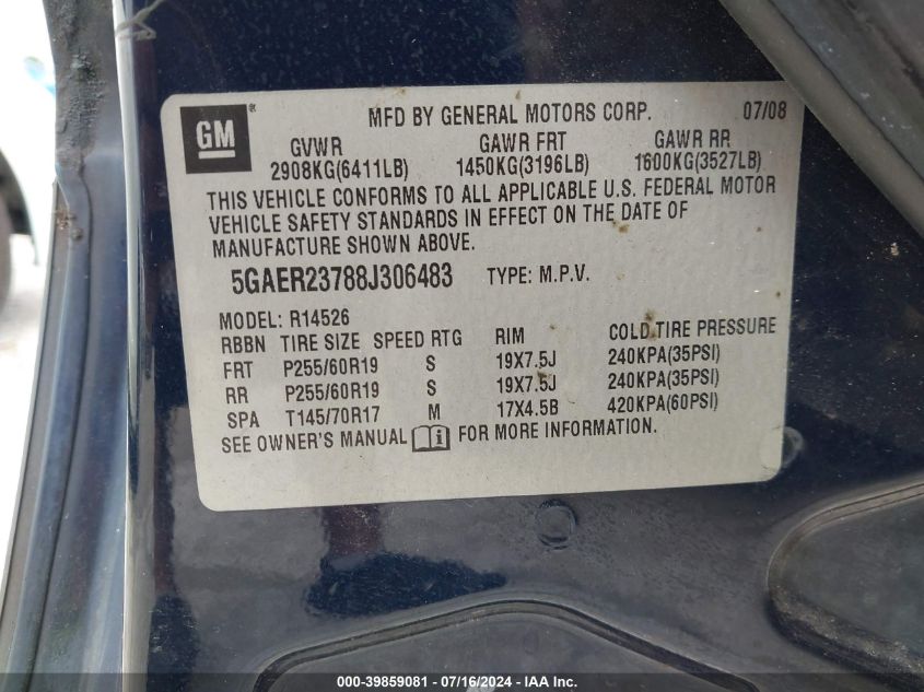 2008 Buick Enclave Cxl VIN: 5GAER23788J306483 Lot: 39859081