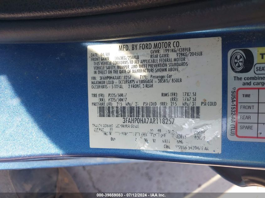 2010 Ford Fusion Se VIN: 3FAHP0HA7AR118257 Lot: 39859083