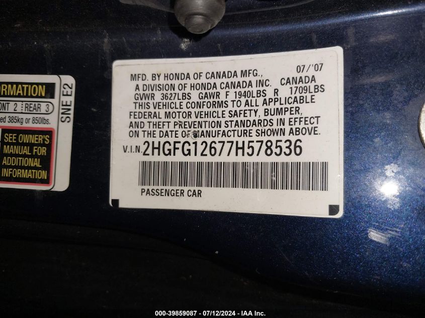 2HGFG12677H578536 | 2007 HONDA CIVIC