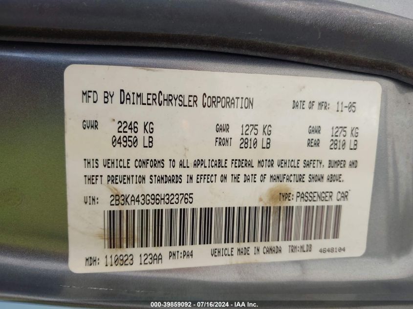 2006 Dodge Charger VIN: 2B3KA43G96H323765 Lot: 39859092
