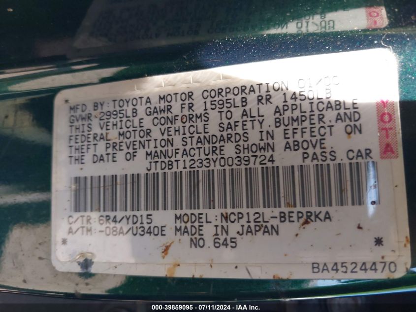 2000 Toyota Echo VIN: JTDBT1233Y0039724 Lot: 39859095