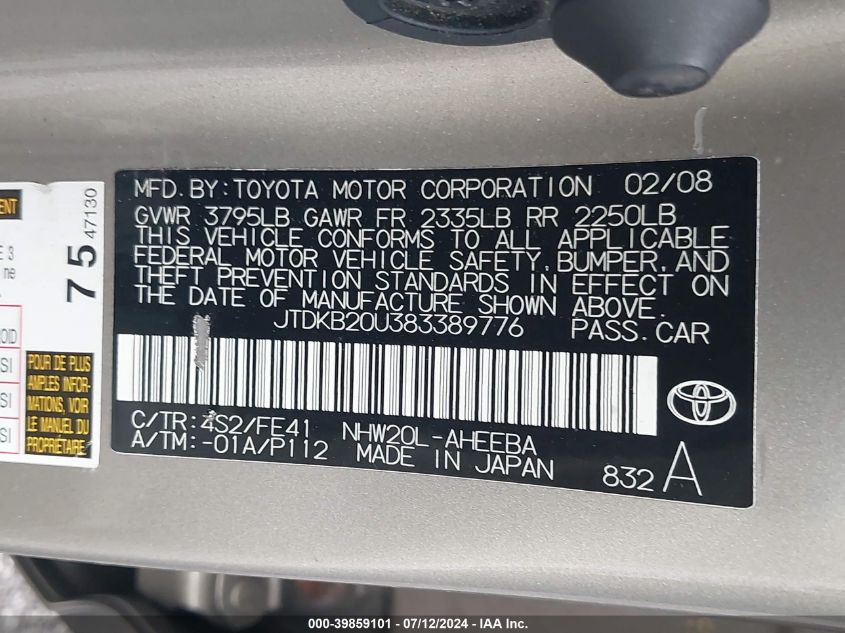 JTDKB20U383389776 | 2008 TOYOTA PRIUS