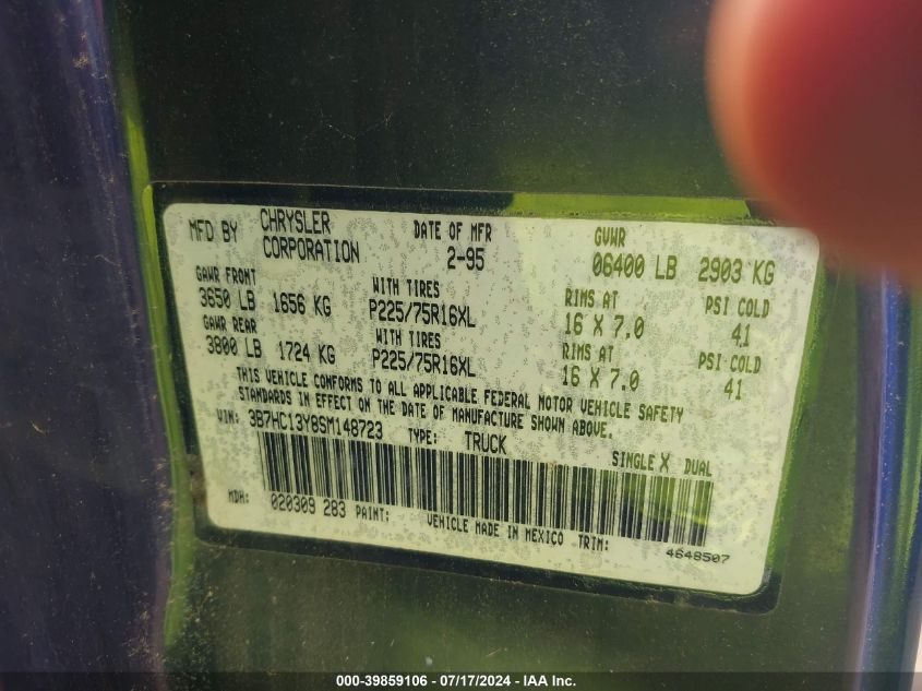 1995 Dodge Ram 1500 VIN: 3B7HC13Y8SM148723 Lot: 39859106