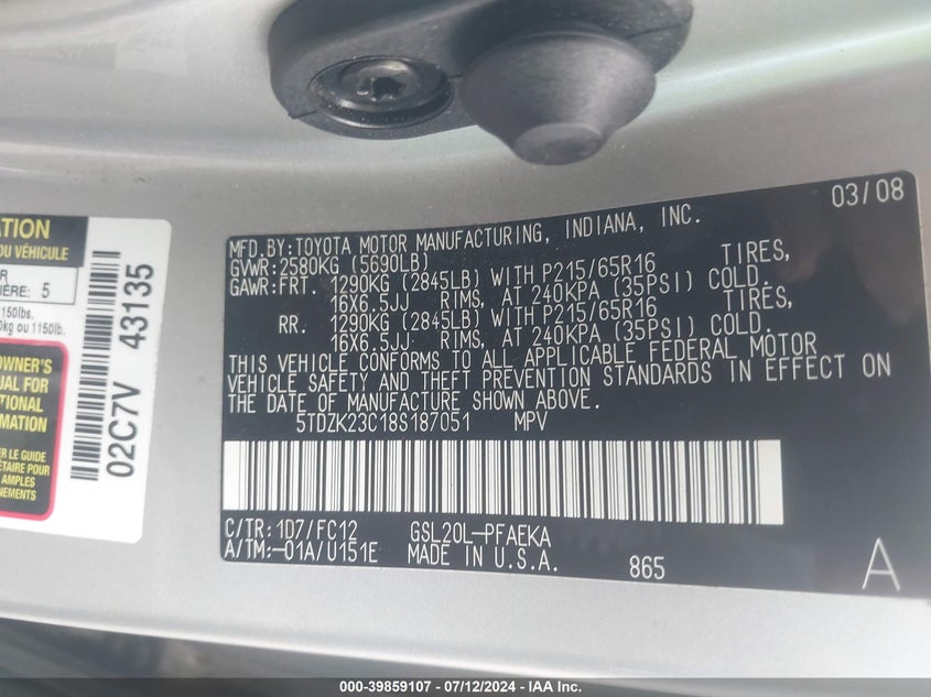 2008 Toyota Sienna Le VIN: 5TDZK23C18S187051 Lot: 39859107