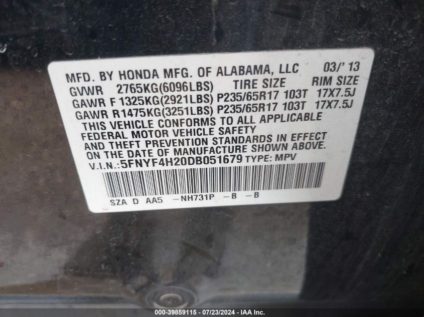 2013 Honda Pilot Lx VIN: 5FNYF4H20DB051679 Lot: 39859115