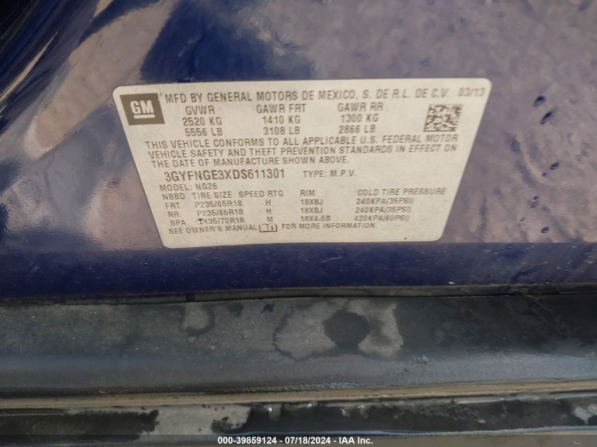 2013 Cadillac Srx Luxury Collection VIN: 3GYFNGE3XDS611301 Lot: 39859124