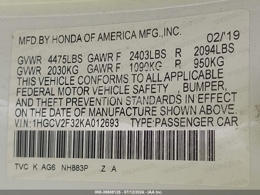 1HGCV2F32KA012693 | 2019 HONDA ACCORD