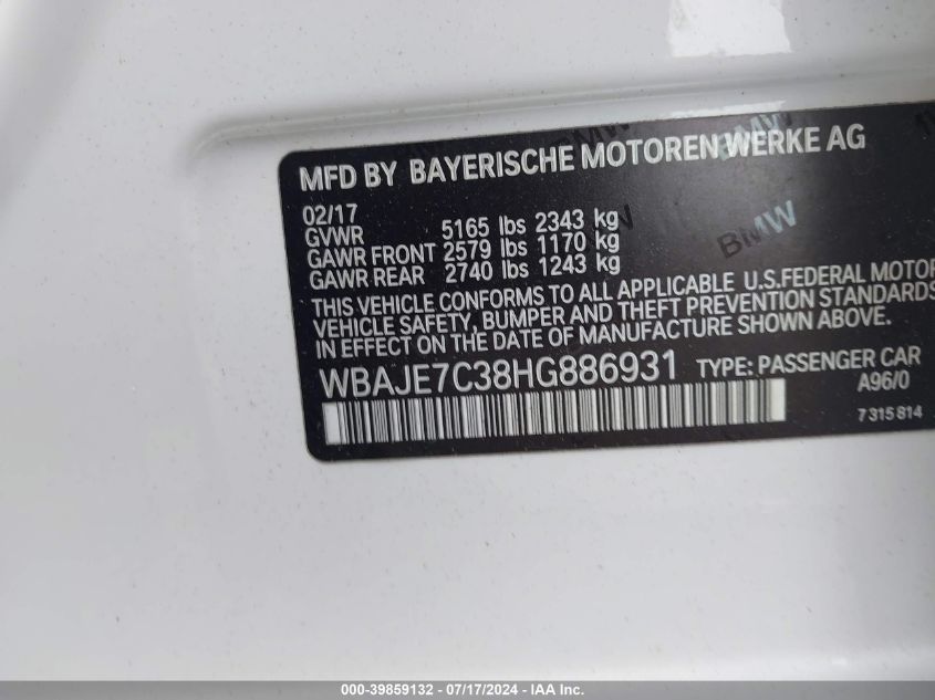 2017 BMW 540I Xi VIN: WBAJE7C38HG886931 Lot: 39859132