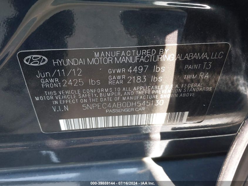 2013 Hyundai Sonata Limited 2.0T VIN: 5NPEC4AB0DH545130 Lot: 39859144