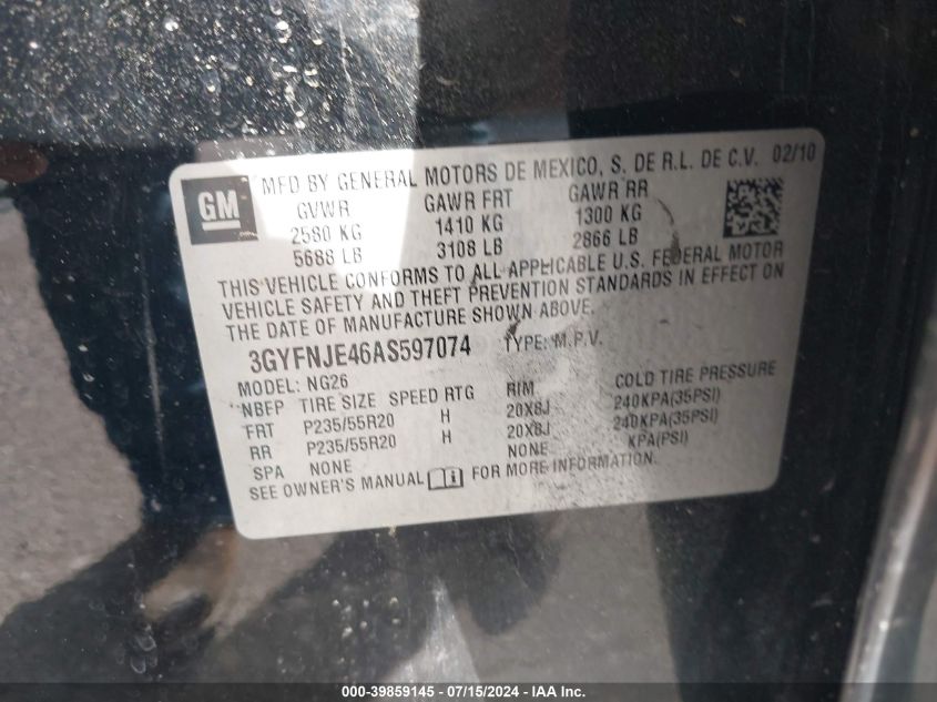 2010 Cadillac Srx Turbo Performance VIN: 3GYFNJE46AS597074 Lot: 39859145