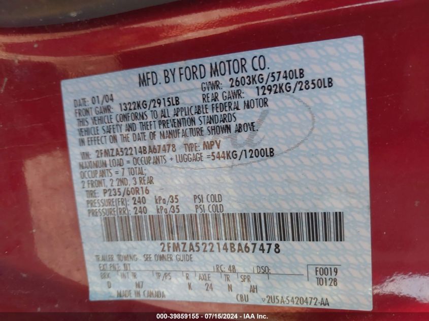 2004 Ford Freestar Sel VIN: 2FMZA52214BA67478 Lot: 39859155