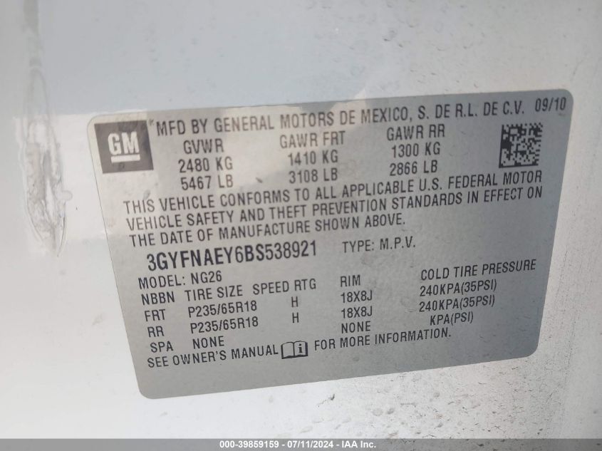 2011 Cadillac Srx Luxury Collection VIN: 3GYFNAEY6BS538921 Lot: 39859159