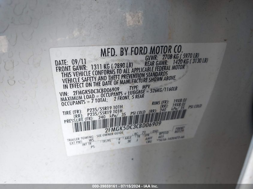 2012 Ford Flex Limited VIN: 2FMGK5DC3CBD06909 Lot: 39859161