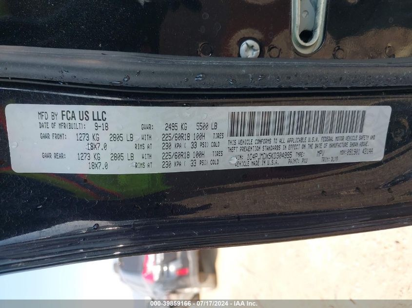 2019 Jeep Cherokee Limited 4X4 VIN: 1C4PJMDX5KD304995 Lot: 39859166