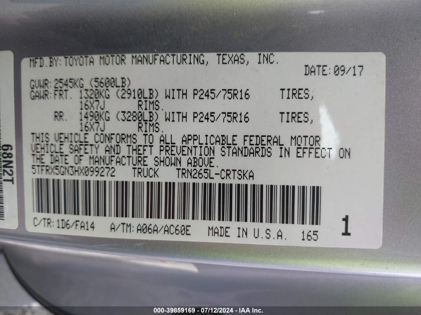 2017 Toyota Tacoma Sr VIN: 5TFRX5GN3HX099272 Lot: 39859169