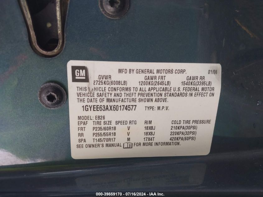 2006 Cadillac Srx V8 VIN: 1GYEE63AX60174577 Lot: 39859170