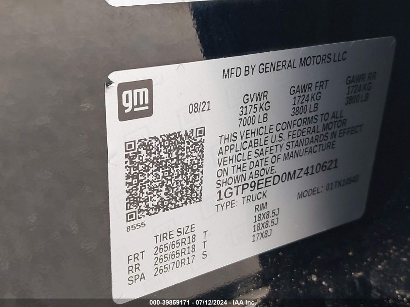 2021 GMC Sierra 1500 4Wd Short Box At4 VIN: 1GTP9EED0MZ410621 Lot: 39859171