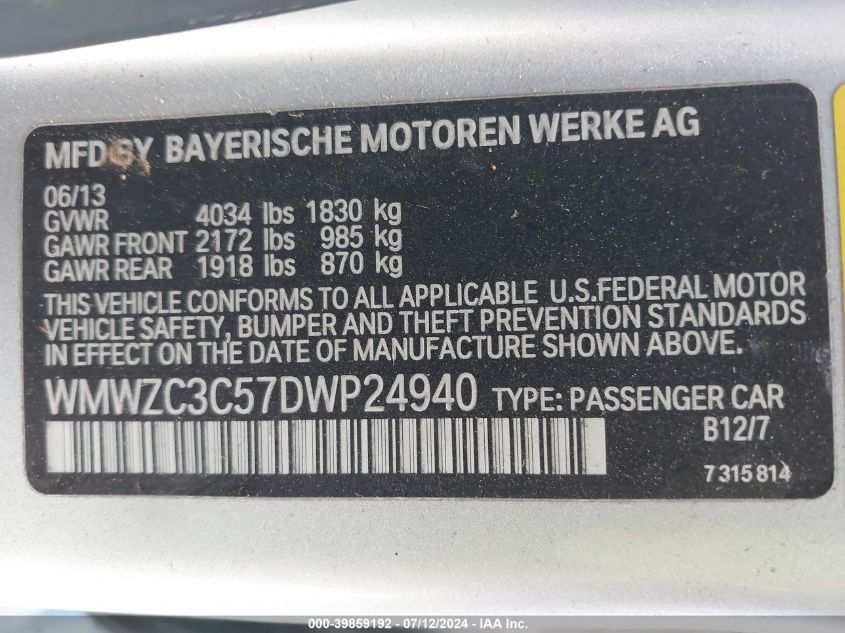 2013 Mini Countryman Cooper S VIN: WMWZC3C57DWP24940 Lot: 39859192