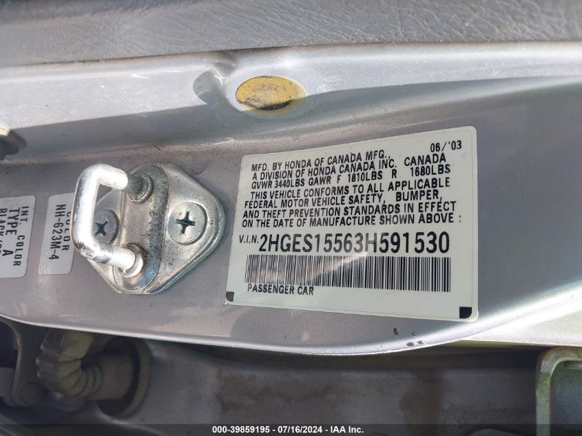 2003 Honda Civic Lx VIN: 2HGES15563H591530 Lot: 39859195