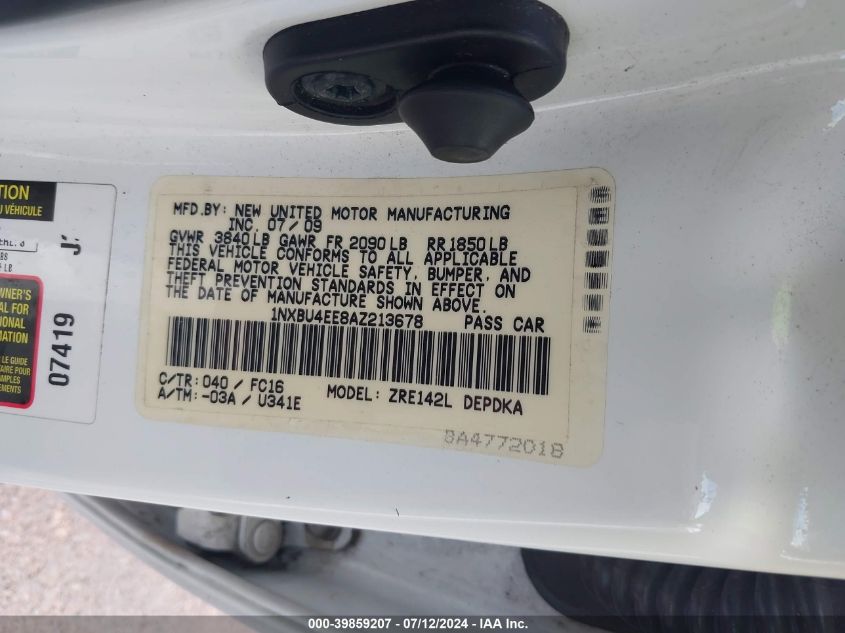 2010 Toyota Corolla Le VIN: 1NXBU4EE8AZ213678 Lot: 39859207