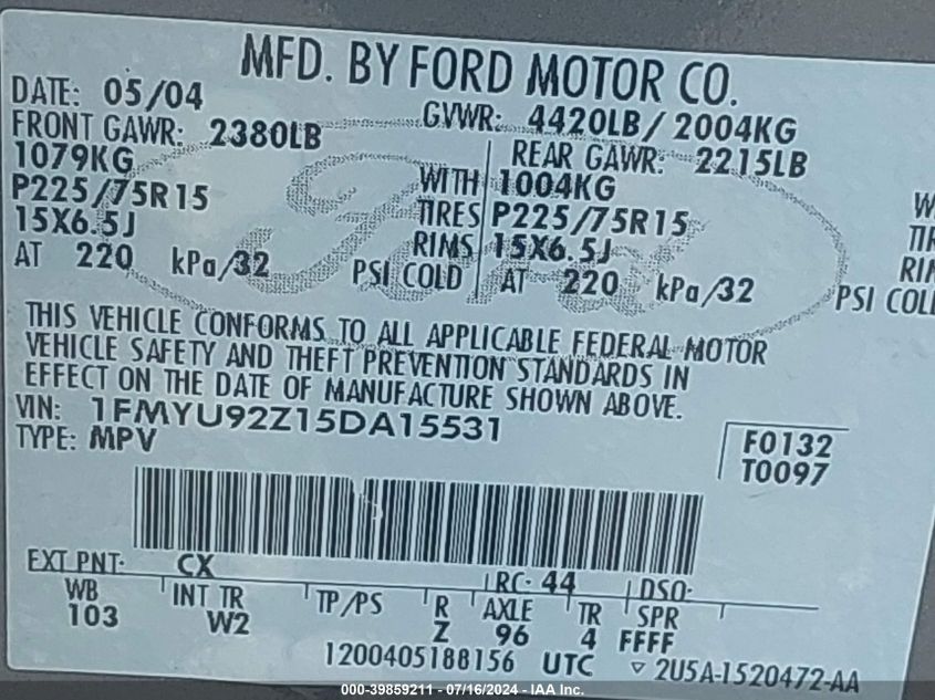 2005 Ford Escape Xls VIN: 1FMYU92Z15DA15531 Lot: 39859211