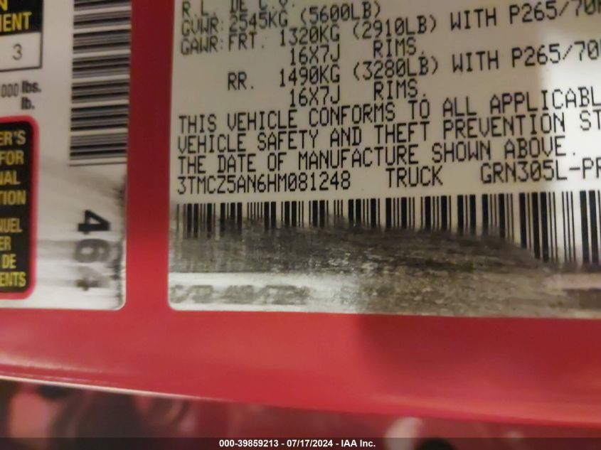 2017 Toyota Tacoma Trd Off Road VIN: 3TMCZ5AN6HM081248 Lot: 39859213