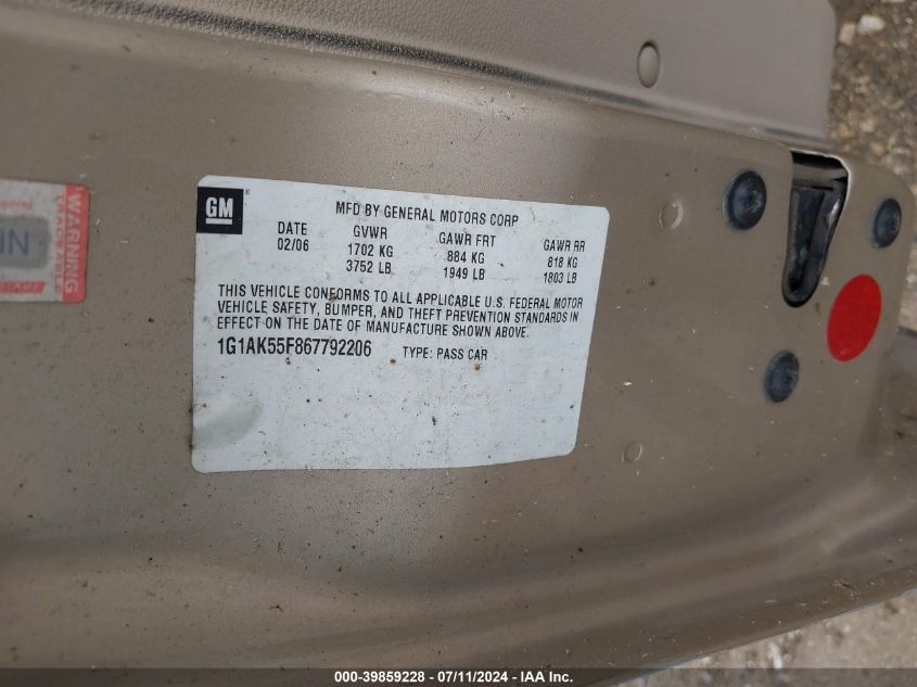 2006 Chevrolet Cobalt Ls VIN: 1G1AK55F867792206 Lot: 39859228