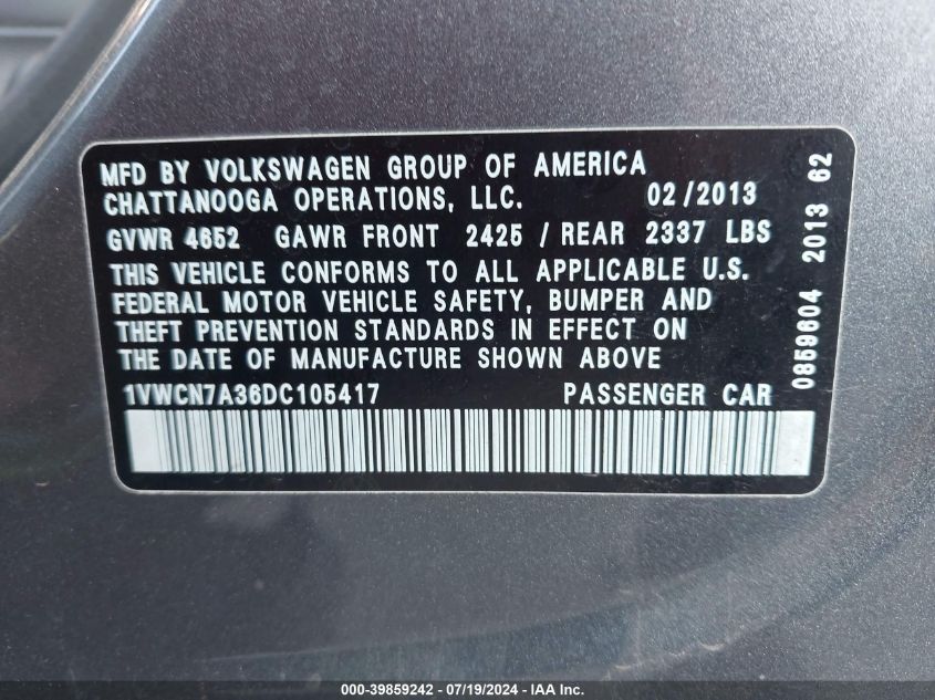 2013 Volkswagen Passat 2.0L Tdi Sel Premium VIN: 1VWCN7A36DC105417 Lot: 39859242